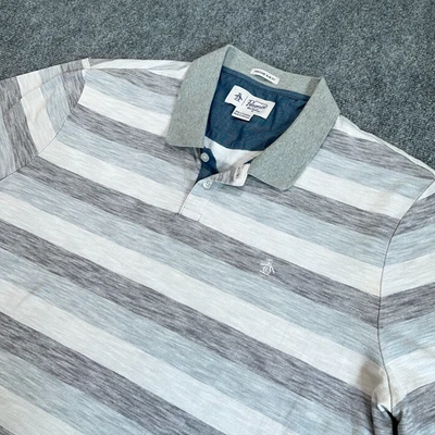 Penguin Polo Shirt Men 2XL Gray Striped Slit Heritage Slim Fit Golf Performance - Image 1 of 4
