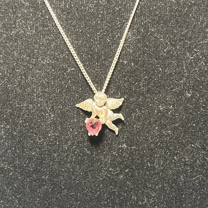 Angel 925 STERLING SILVER AND PINK Stone ANGEL HOLDING  HEART NECKLACE Preowned - Picture 1 of 8