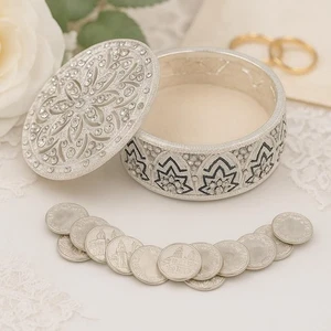 Silver Metal Round Rhinestone Wedding Arras de boda Box Set with Coins SR01 - Picture 1 of 2
