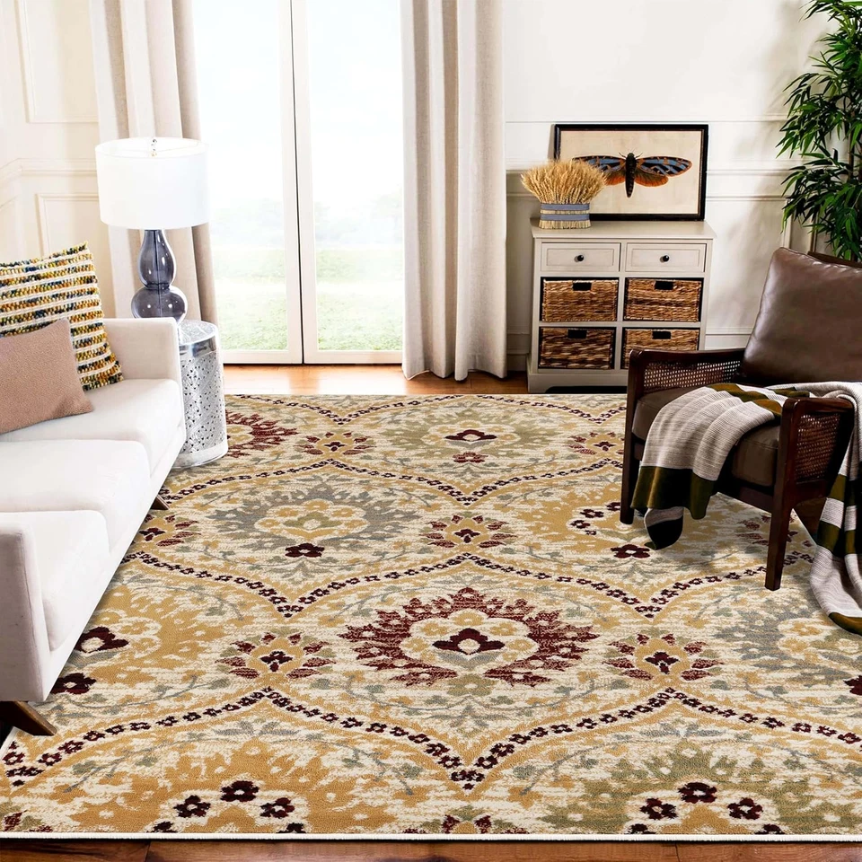 Indoor Area Rug, Jute Backed, Modern Oriental Floral Damask Floor Decor for Offi - Image 1 of 4