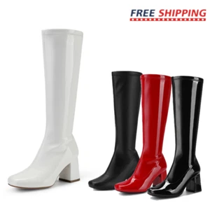 Women Chunky Block Heel Gogo Boots Square Toe Zip Up Fashion Knee High Boots - Picture 1 of 31