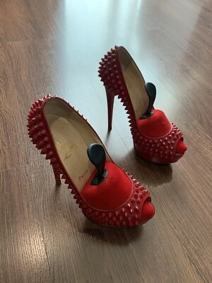 Christian Louboutin Lady Peep Spikes 150 Red Suede Heels (US Size 6.5) - Image 1 of 4
