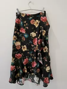 NEW Alannah Hill 8 Black Floral Satin Faux Wrap Skirt Midi w Ruffles *Runs* - Picture 1 of 8