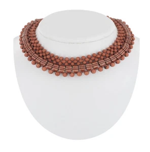 Fringe Salmon Pink Beaded Collar Choker Necklace Lucite Woven Vintage 10-14" - Picture 1 of 3