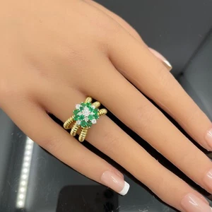 Vintage 1960's Vibrant Emerald & Diamond 18k Cocktail Ring - Exceptional - Picture 1 of 4