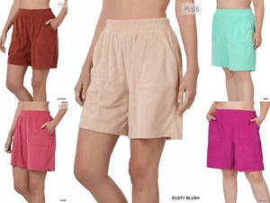 1X 2X 3X Plus Size Women's Loop Terry Elastic Waist Relaxed Fit Shorts Pockets - Picture 1 of 11