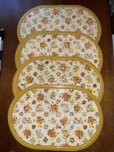 Vtg Plastic Table Placemats Gold Yellow Orange Flower Houses Design Set Of 4 - Picture 1 of 3