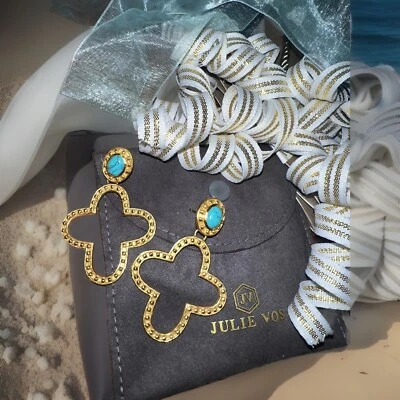 NUEVO Pendientes Julie Vos Placa de Oro 24k y Cruz Turquesa WOW NUEVOS SIN ETIQUETAS Foto 1 de 4