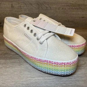 Superga Trainers Womens UK 7.5 White 2790 Platform Canvas Rainbow Multicolour - Picture 1 of 11