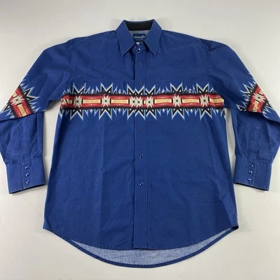 Vintage Wrangler Shirt Mens Large Blue Aztec Western Pearl Snap Rodeo Cowboy 90s - Image 1 of 4