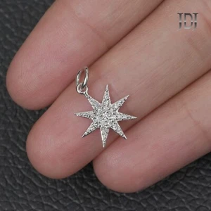 Solid 14k White Gold Pendant Genuine White Diamond Star Charm 10 MM Gift Pendant - Picture 1 of 10