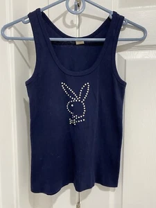Vintage Original 1970s Navy Blue Playboy Bunny Rhinestone Logo Tank Top Tee - Picture 1 of 6