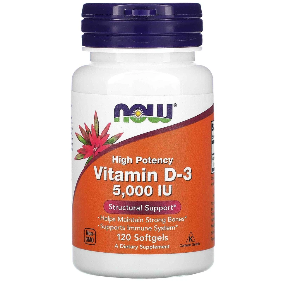 NOW Foods Vitamin D3 5000 IU 120 SoftGel Tablets Strong Bones & Teeth, Immunity - image 1 of 3