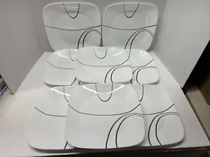Set Of 8 Corelle SIMPLE LINES Square Dinner Plates 10 1/2" Black & White - Picture 1 of 10