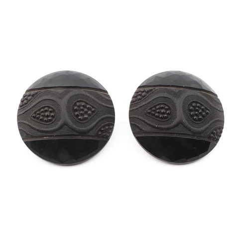 Lot (2) Antique Deco Czech satin lacy faceted black glass buttons 27mm Cover