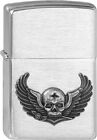 ZIPPO Feuerzeug Winged Skull m. Emblem Brushed Chrome Totenkopf Flügel NEU OVP