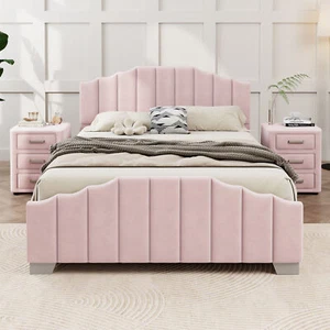 3 Pieces Bedroom Sets Full Size Velvet Upholstered Platform Bed Vertical Channel - Picture 1 of 12