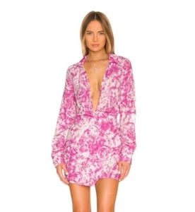 NUEVO Mini Vestido Camisa For Love & Lemons Devon Pequeño Rosa Tie Die Escote Sumergido - Imagen 1 de 7