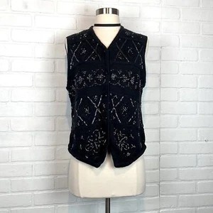 Vintage 90’s Kathie Lee Black Beaded Embellished Winter Sweater Vest L - Picture 1 of 8