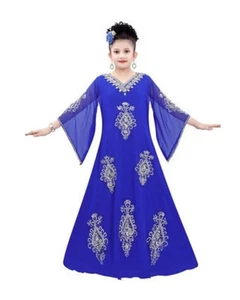 Special Party Blue Dubai Style Wedding Kids Ramadan Girls Kaftan Dress Moroccan - Picture 1 of 3