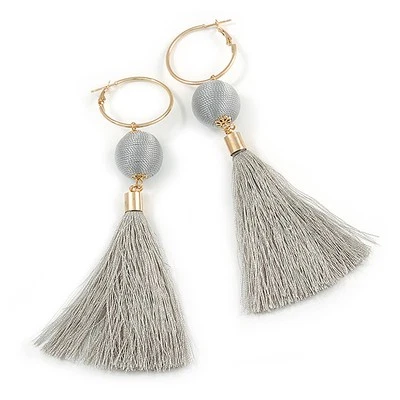 Long Light Grey Cotton Ball and Tassel Hoop Earrings In Gold Tone Metal - - Image 1 of 4