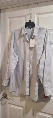 Теория M / L женская блузка большого размера рубашка серый Downing смелый полоски хлопок $325  - Изображение 1 из 4