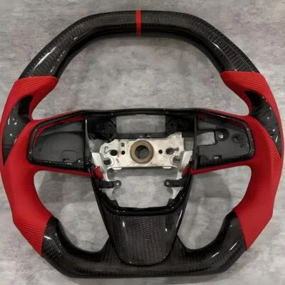 RED LEATHER Carbon Fiber Steering Wheel Fit for 2016-2021 HONDA CIVIC 10TH GEN - Image 1 of 4