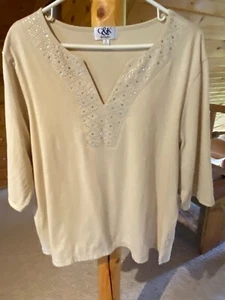 Women's Top C&K Designs Beige Embellished Rhinestones 2X Petite Length - Picture 1 of 5
