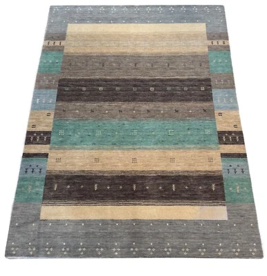 Moderner Gabbeh Teppich Wolle 170x240 cm Handgefertigt Naturtöne Streifen 46-53 - Bild 1 von 4