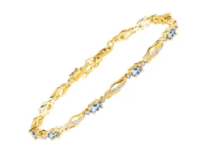 RYLOS AQUAMARINE & DIAMOND TENNIS BRACELET YELLOW GOLD PLATED SILVER 7-8"  - Picture 1 of 6