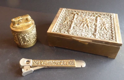 Set Di Fumatori Scatola Per Sigari Accendino E Ritaglio In Ottone E Legno - Immagine 1 di 4