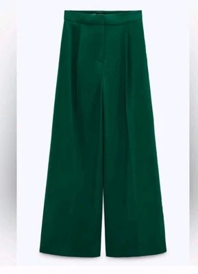 Pantalón Zara Mujer Verde Esmeralda Pierna Ancha Cremallera Botón Gancho-Ojo Cintura Talla L  Foto 1 de 4