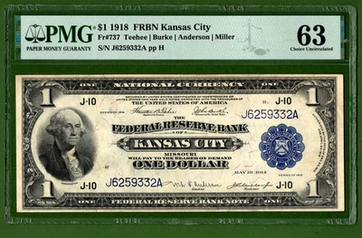 1918💲1  FRBN  🏛️ KANASAS  CITY  Fr-737  🏛️  PMG  63 - Image 1 of 4
