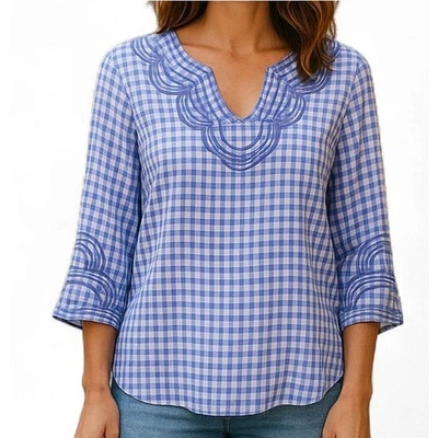 Talbots Popover Top Gingham Embroidered Cotton Blue 3/4 Sleeve Women’s Large - Image 1 of 4