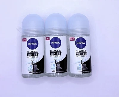 Nivea Black & White Invisible Pure Roll-On 50ml – Pack of 3 Anti-Perspirant 48h - Image 1 of 2
