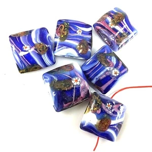 Handmade Lampwork Glass Beads Blue Flower Gold Foil Beads 22mm 6pcs (F9) - Picture 1 of 9