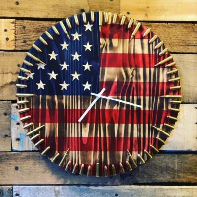 18" American Flag Bullet Clock - Wall Mount 5.56 NATO hrs / 9mm Mins - Image 1 of 4