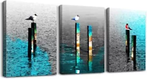 SERIMINO 3 Piece Wall Home Modern Artwork Sea and Bird Canvas Picture, Framed - Picture 1 of 6