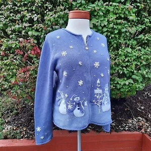Schneemann hässlicher Weihnachtspullover Perlenaufnäher Reißverschluss Cardigan Urlaub Petite Small - Bild 1 von 12