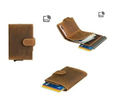 Personalised RFID Oiled Tan Leather Pop Up Ejector Card Wallet -Engraved Gift - Image 1 of 4