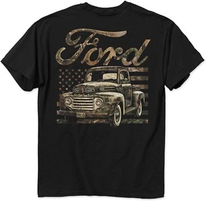 1949 Ford Truck T-Shirt - Black w/ Camouflage Graphic & American Flag Background - Picture 1 of 3