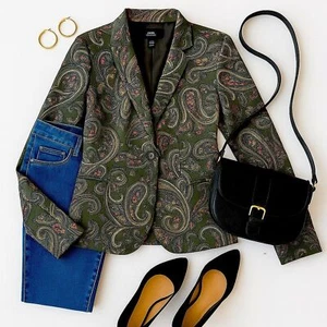 MNG Mango Collection Women’s OLIVE Green Paisley Blazer Jacket - Size L in EUC - Picture 1 of 10