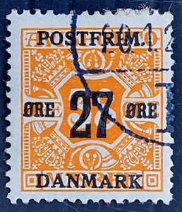 RARE 1918 Denmark 27 ore on 38 ore orange Numeral stamp Used SG204 Cat £100 - Picture 1 of 2