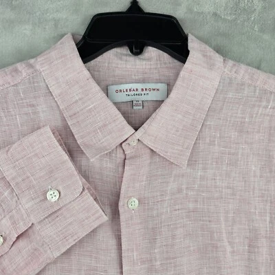 Мужская коричневая рубашка Orlebar 2XL XXL розовая однотонная 100% льняная с воротником на пуговицах б/у в отличном состоянии - Изображение 1 из 4