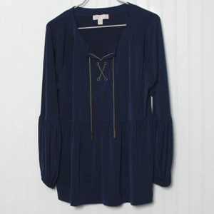 Michael Kors Navy Blue VNeck Chain Tie Long Elastic Sleeve Peplum Poly Top 1x - Picture 1 of 10