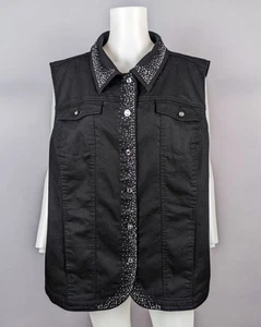 Quacker Factory Black Sparkle Vest Rhinestone Button Front Stretch Cotton Sz 1X - Picture 1 of 6
