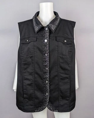 Quacker Factory Black Sparkle Vest Rhinestone Button Front Stretch Cotton Sz 1X - Image 1 of 4