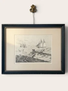 Vintage Lionel Barrymore Nautical Print – “Nantucket” Black Frame Gold Ships Sea - Afbeelding 1 van 12
