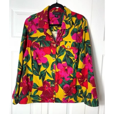 Chaqueta Tahari Mezcla Lino 1X Amarillo Rosa Verde Tropical Estampado Floral Botones Foto 1 de 4