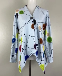 Trisha Thomas One Button Cardigan Top blau künstlerisch geometrisch asymmetrisch Large - Bild 1 von 7